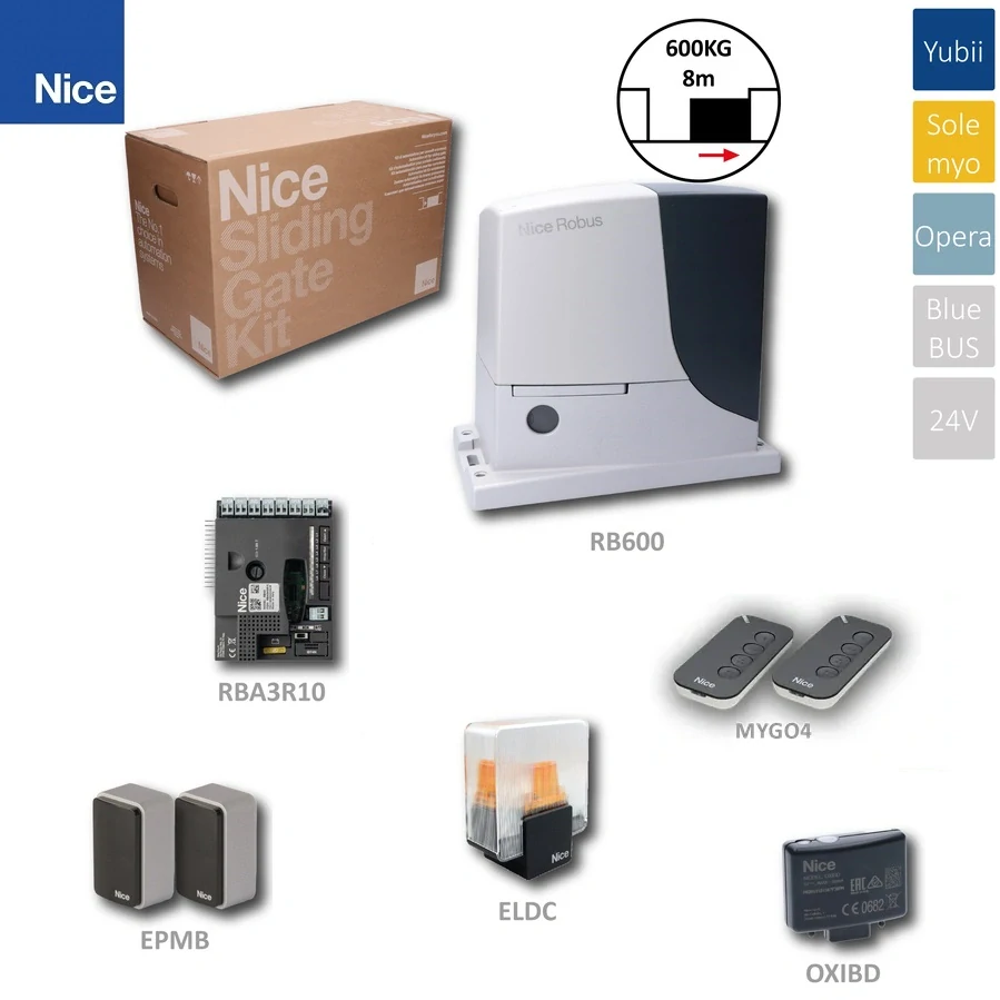 RB600BDKCE -1x Robus600, 1x RBA3R10, 2x MYGO4, 1x OXIBD, 1 pár EPMB, 1x ELDC, sada pre posuvnú bránu do 600kg/ 8m