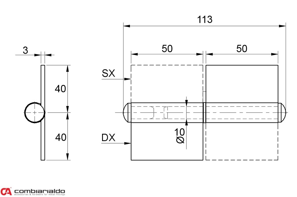 C240/100SX pánt s platňou dvojdielny 100 mm ľavý