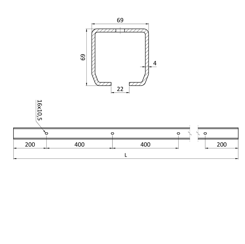 C Set-P-4/Zn-K-DIER Samonos do 300 kg/4,5 m, profil s otvormi 69 x 69 x 4 mm, Zn