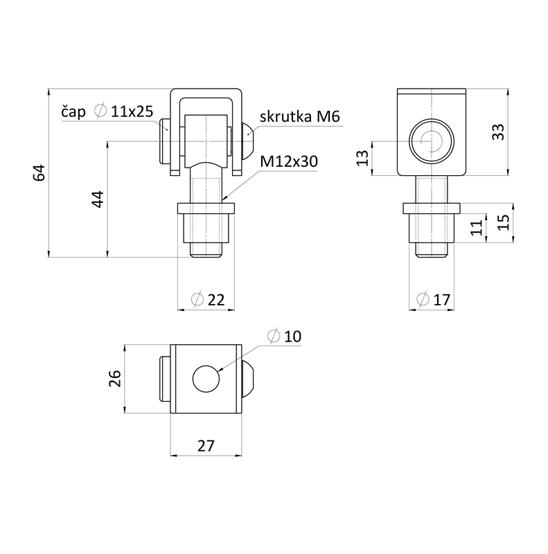 EB1-ZA12 záves nastaviteľný, navárací, závit M12, brúsená nerez /AISI304