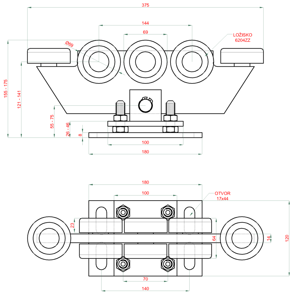 W38MR/N vozík regulovateľný pre C-profil 80x80x5mm, polyamidové kolieska 8ks, žltý zinok, pre bránu do 400kg otvor do 5,5 m
