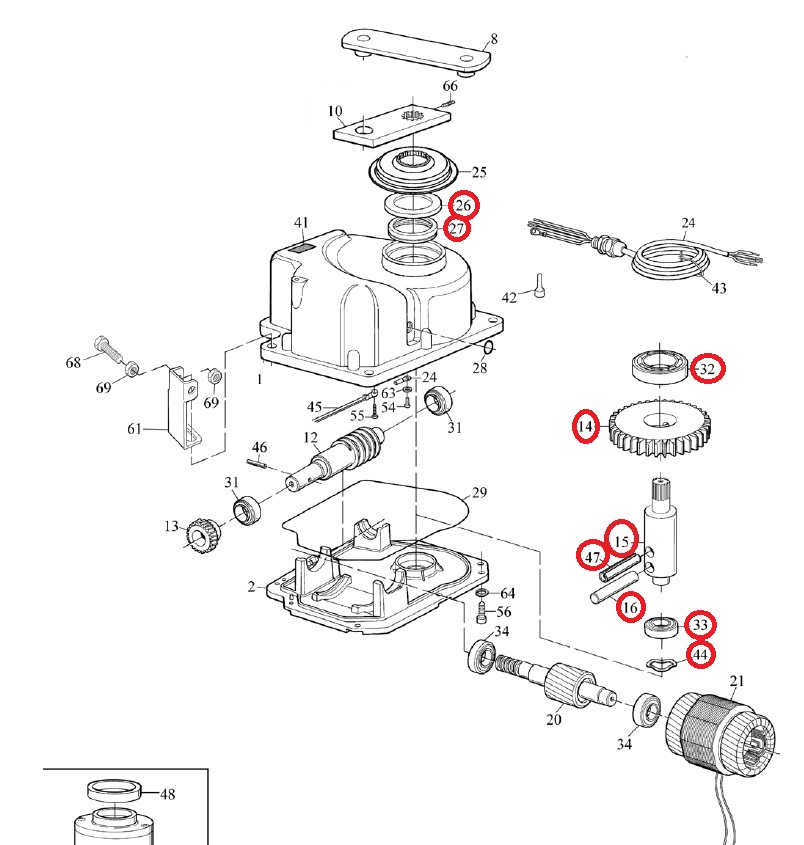 PRME02 zostava výstupnej hriadele prevodovky s ložiskami a guferom pre METRO3000/3024/3010, KIT - B