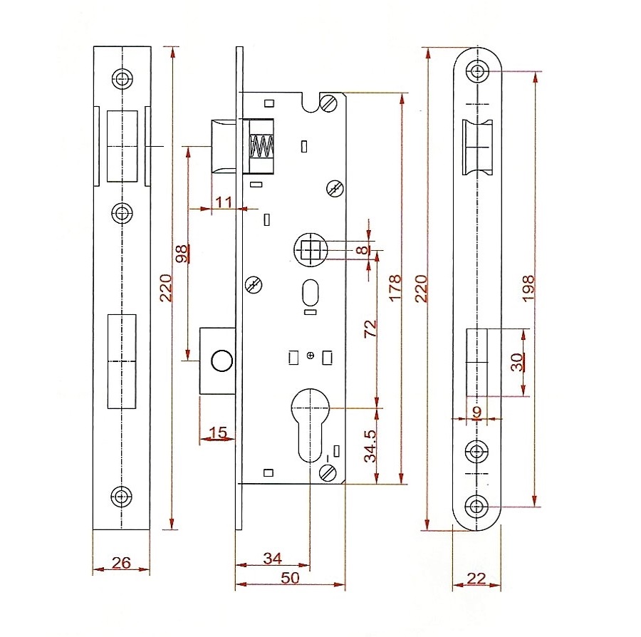 ZM72/50P zámok stavebný PRAVÝ, zápust 50mm, rozteč 72mm, povrch biely zinok