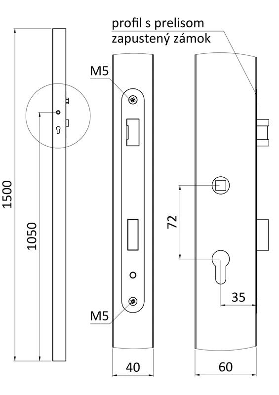 KZK6415H profil 60x40x1,5mm H-1500mm so zámkom, vhodný pre rám bránky, bez povrchovej úpravy