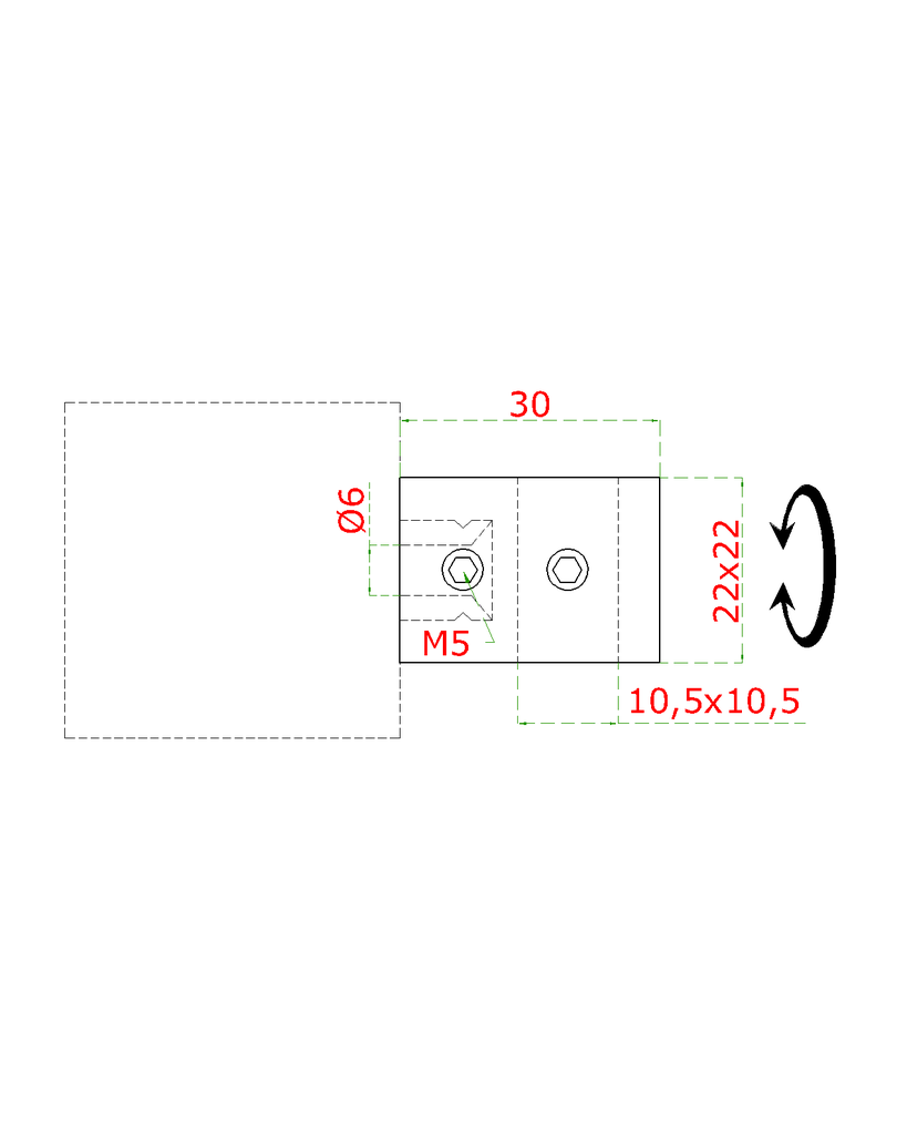 EB1-SJ10 10x10mm držiak štvorhrannej tyče, plochý, (30x22mm), brúsená nerez K320 /AISI304