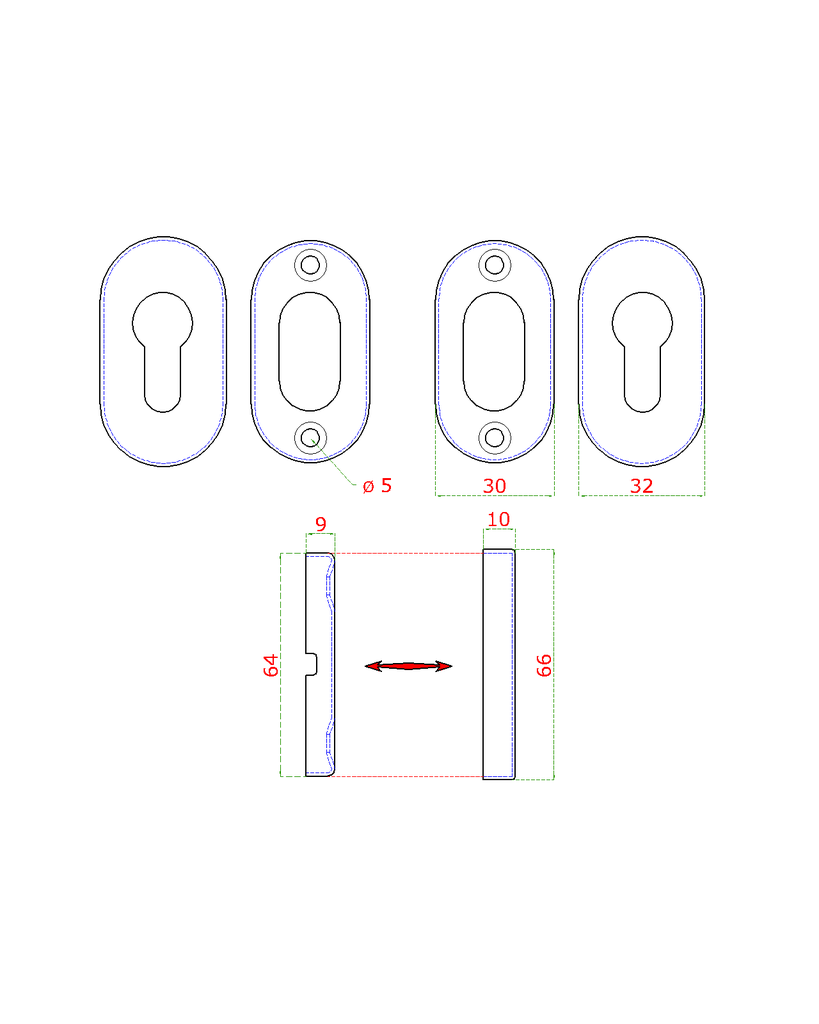 EB1-KGS1N oválna rozeta na cylindrickú vložku (66x32mm), bal. : 1 pár, brúsená nerez K320 /AISI304, spodná časť nerez