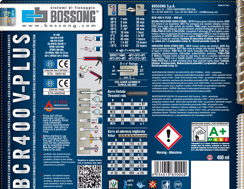 BO-VIN400-PLUS chemické kotvenie 400ml vinylesterové bez styrénu so zmiešavacím hrotom, na väčšie záťaže, do -10°C
