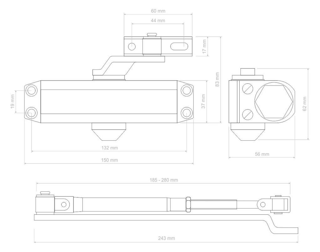 ESZ-201 hydraulický zatvárač (148x36x56mm) pre interiérové dvere,