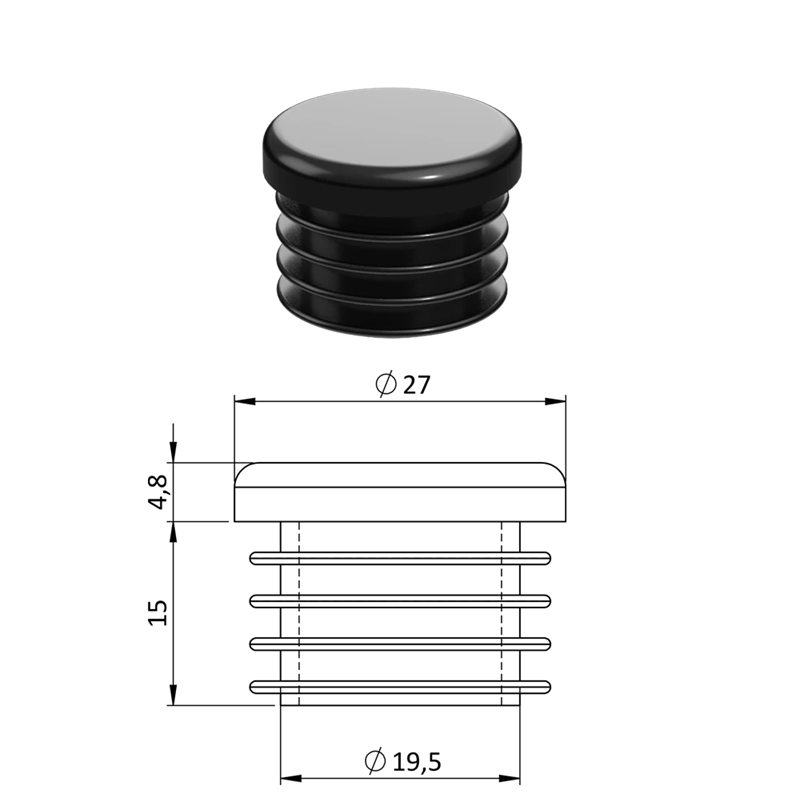 Vnútorná krytka guľatá ø 27 mm, plastová, Biela, Čierna, Šedá