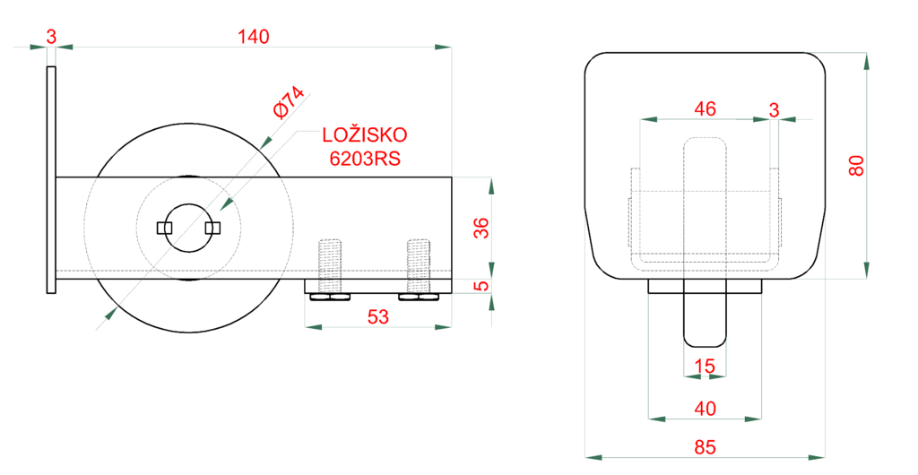 W36/85 nábehové koliesko samonosnej brány pre profil 80x85x5mm