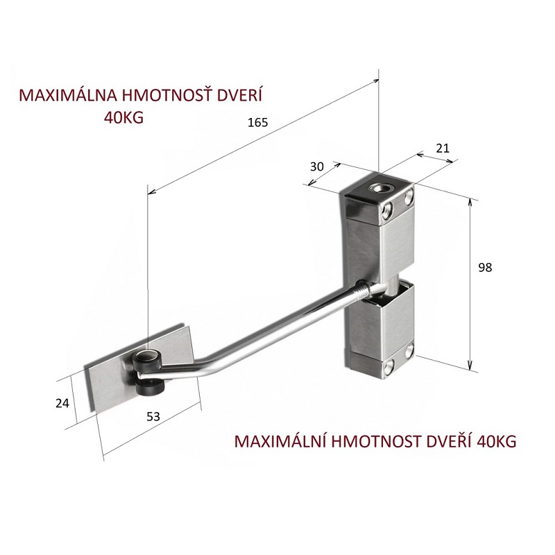 E1-P073 dverový pružinový zatvárač H 98mm, L 165mm, kryt z nehrdzavejúcej ocele, max. hmotnosť dverí 40kg