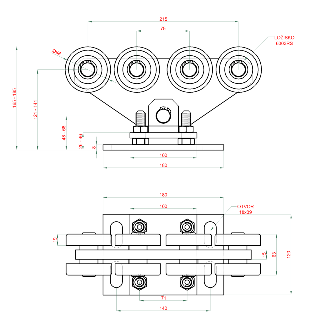 C388F2 vozík INTERMEDIO pre samonosný systém Combi Arialdo do 470kg, 8 kolieskový, výškovo nastaviteľná platňa, pre profil 80x85mm