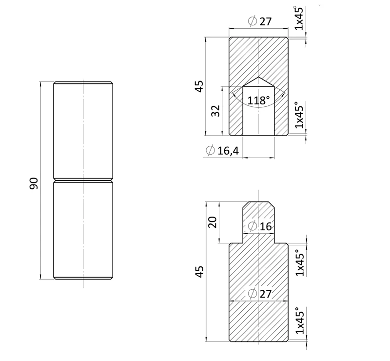 záves bez guličky 90mm, ø 27mm, bez povrchovej úpravy