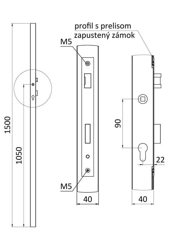 KZK4415H profil 40x40x1,5mm H-1500mm so zámkom, vhodný pre rám bránky, bez povrchovej úpravy, zámok ZM90/35
