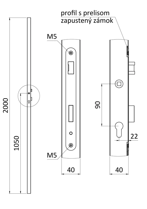 KZK4420H Profil 40 x 40 x 1,5 mm H = 2000 mm so zapusteným zámkom, vhodný pre rám bránky, bez povrchovej úpravy.