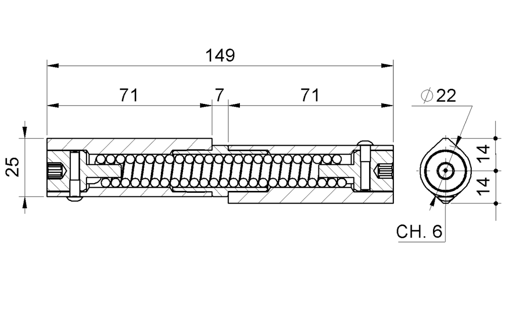 C1222DX samozatvárací pánt dvojdielny H - 150mm, navárateľný, sila zatvárania nastaviteľná pružinou (pravý)