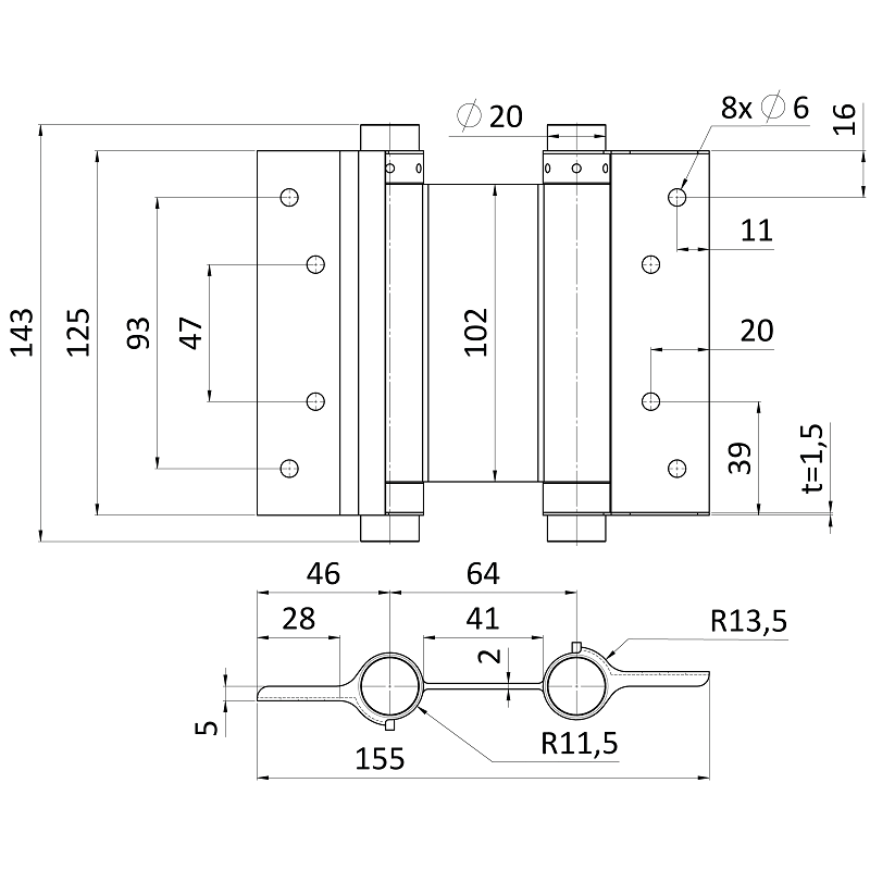 E1-P121-125 Samozatvárací dvojčinný pánt pre krídlové dvere, nerezový, cena za PÁR