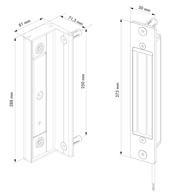 B-MAG-2500 LOCINOX® B-MAG-2500 zapustený prídržný elektromagnet s dorazovou lištou, blokácia v ťahu 2500N, pre krídlové bránky