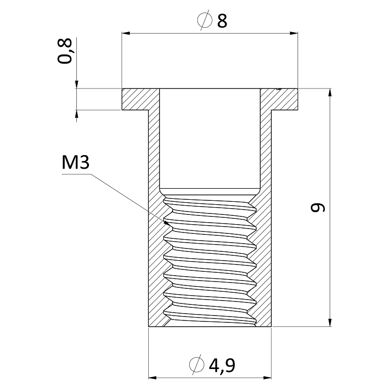 M8 FH-KB nitovacia matica plochá hlava, rýhovaný driek