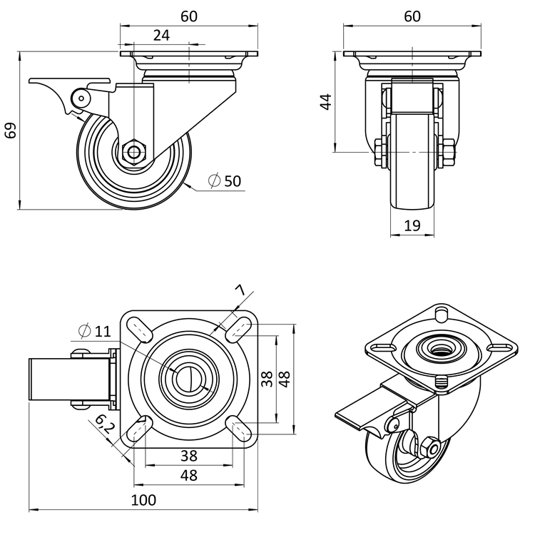 PKOG/50B otočné koliesko s platňou a brzdou, s behúňom zo syntetickej gumy, priemer 50mm
