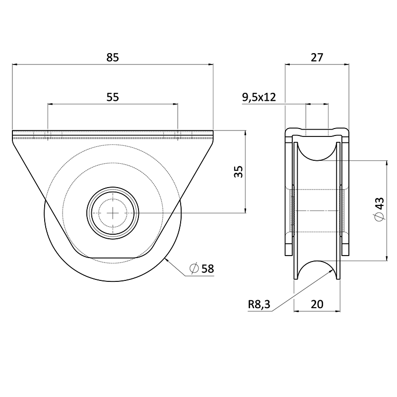 E1-VK58/16-UN - Vodiaca kladka ø 58mm s nylonovým kolieskom na montáž pod rám, pre profil C902IX16, nosnosť (celej brány) 150kg, nerez /AISI304
