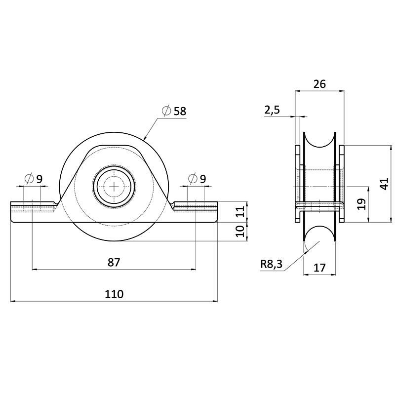 E1-K58/16-UN - Kladka ø 58mm s nylonovým kolieskom na zapustenie do jokla, pre profil C902IX16, nosnosť (celej brány) 150kg, nerez /AISI304