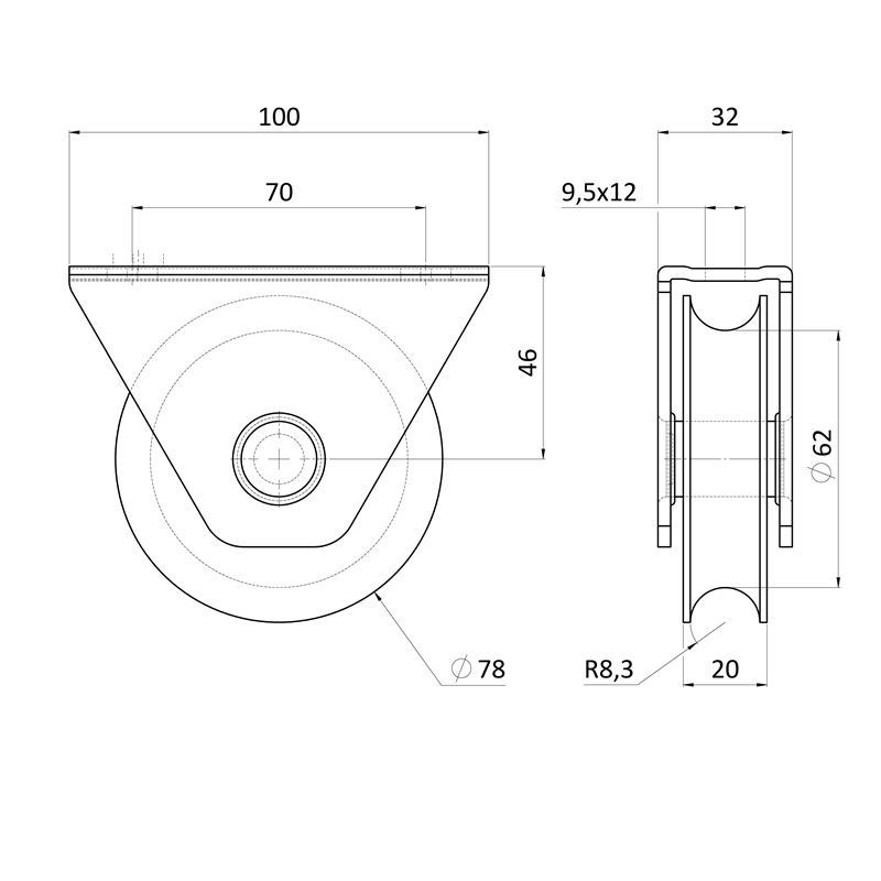 E1-VK78/16-UN - Vodiaca kladka ø 78mm s nylonovým kolieskom na montáž pod rám, pre profil C902IX16, nosnosť (celej brány) 200kg, nerez /AISI304