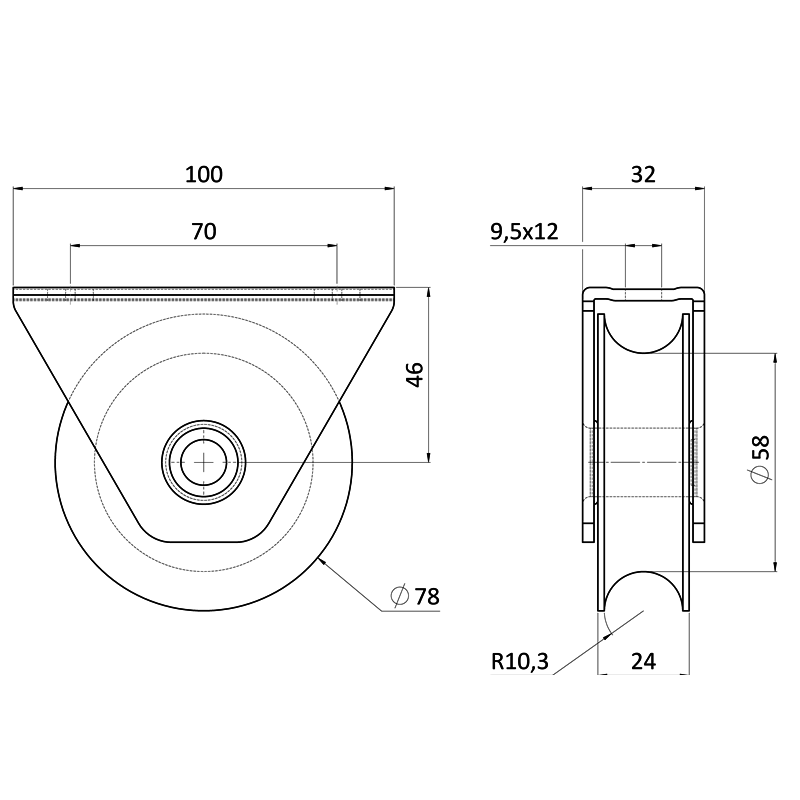 E1-VK78/20-UN - Vodiaca kladka ø 78mm s nylonovým kolieskom na montáž pod rám, pre profil C902IX16, nosnosť (celej brány) 200kg, nerez /AISI304