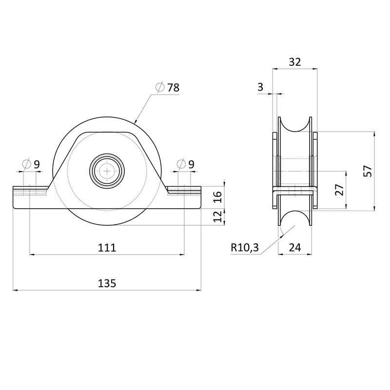 E1-K78/20-UN - Kladka ø 78mm s nylonovým kolieskom na zapustenie do jokla, pre profil C902IX20, nosnosť (celej brány) 200kg, nerez /AISI304