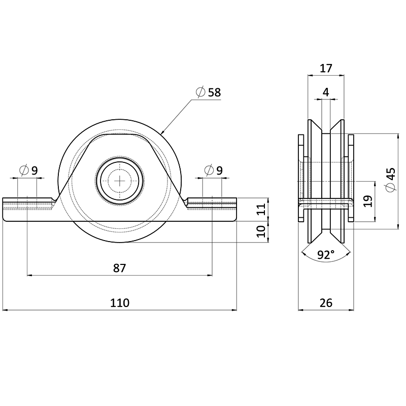 E1-K58/16-V - Kladka ø 58mm pre zapustenie do jokla, pre profil C906IXV, nosnosť (celej brány) 300kg, nerez /AISI304