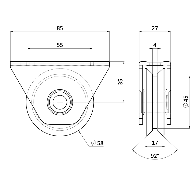 E1-VK58/16-V - Vodiaca kladka ø 58mm na montáž pod rám, pre profil C906IXV, nosnosť (celej brány) 300kg, nerez /AISI304