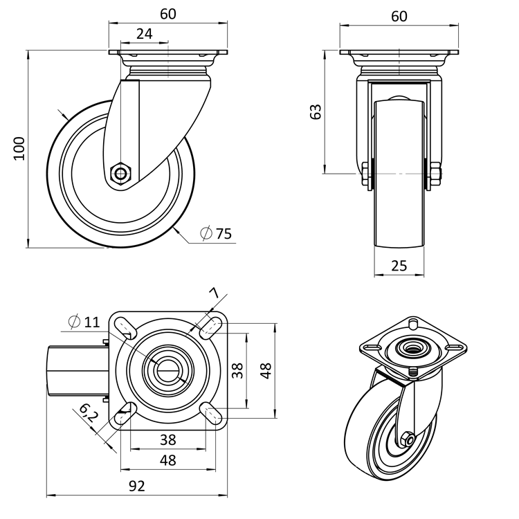 PKOG/75 otočné koliesko s platňou s behúňom zo syntetickej gumy, priemer 75mm