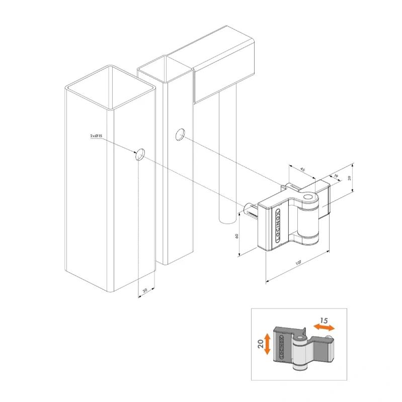  ZILV Strieborná - LOCINOX® PUMA záves pre krídlové bránky do 60 kg / 1,0m, otváraterľný do 180°, nastaviteľný 2D