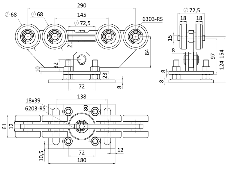 C399F2 Vozík INTERMEDIO pre samonosný systém Combi Arialdo do 470kg, 9 kolieskový, výškovo nastaviteľný, pre profil 80x85mm