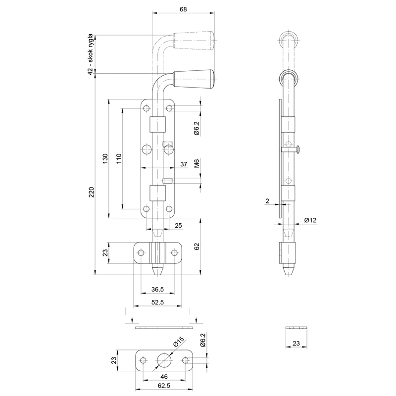 ZR221Zn Rígeľ 12mm, L: 220mm, pozinkovaný