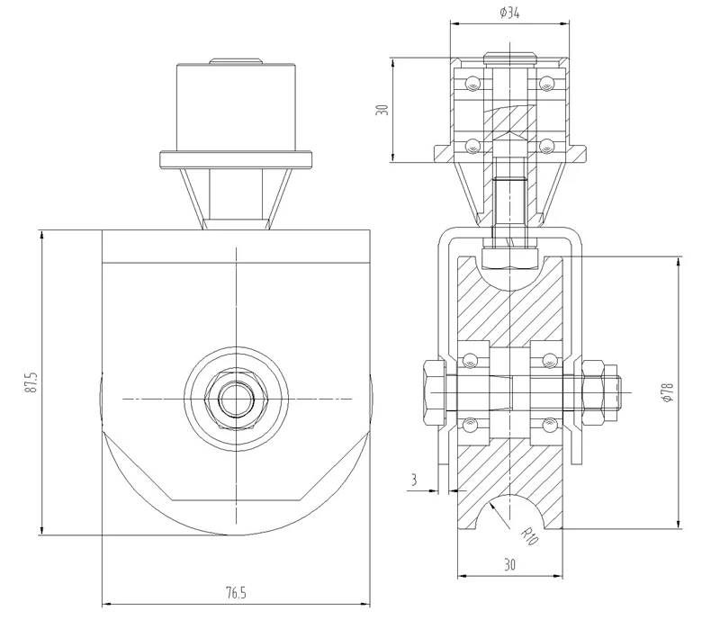 W478U Otočné vodiace koliesko U profil 78mm