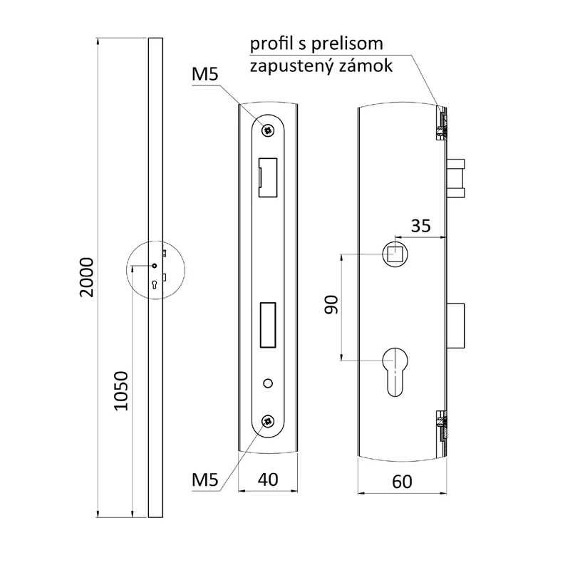 KZK6420H-90 Profil 60x40x1,5mm H-2000mm so zapusteným zámkom, vhodný pre rám bránky, bez povrchovej úpravy