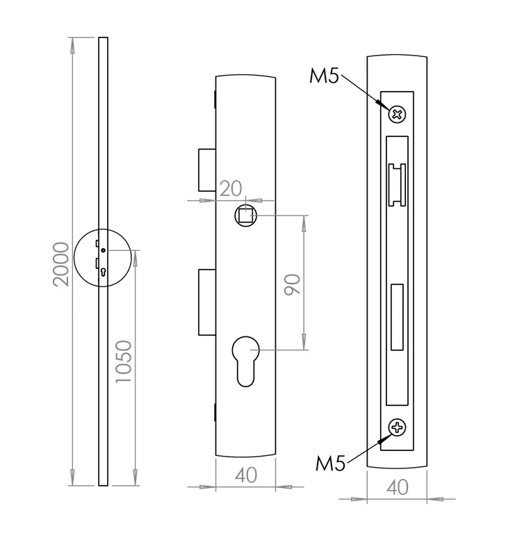 KZJ40x40-P Profil 40x40x2mm so zámkom, 2000mm, pravý ( jeden otvor na kľučku )