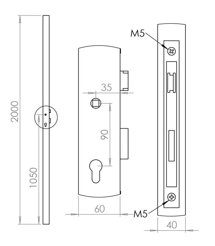 KZJ60x40-L Profil 60x40x2mm so zámkom, 2000mm, ľavý ( jeden otvor na kľučku )