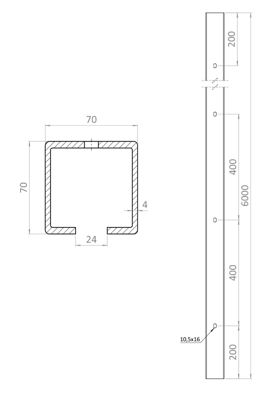 W-DIER-70Zn  C profil s otvormi, 70x70x4mm pozink pre samonosný systém, voliteľná dĺžka 7 m. Cena za KUS.