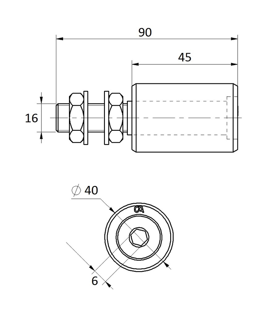 C450/40x45 - nylonové vodiace koliesko 40x45mm, závit M16 pre horné vedenie 