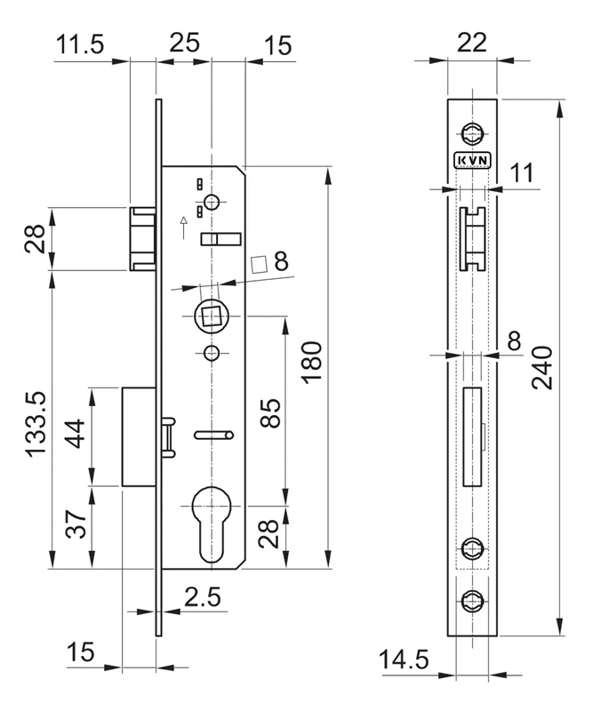 ZM85/40 zámok vložkový, zápust 40mm, rozteč 85mm