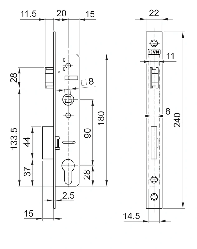 ZM90/35H Zámok vložkový, zápust 35mm, rozteč 90mm, obojstranný, poniklovaná predná lišta
