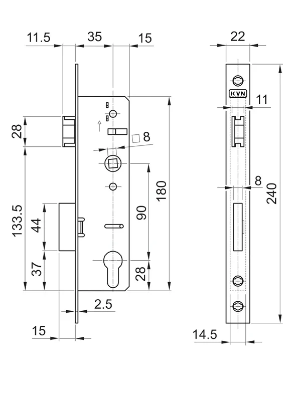 ZM90/50H zámok vložkový, zápust 50mm, rozteč 90mm, poniklovaná predná lišta