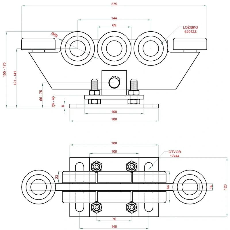 W Set80/Zn-8  samonosný systém 80x80x5mm posuvnej brány do 450kg/5,5m otvor (W39/80Zn 6m pozinkovaný profil, 2x W38MR/ F, 1x W36/80, 1x W37/ M, 1x W32/80)