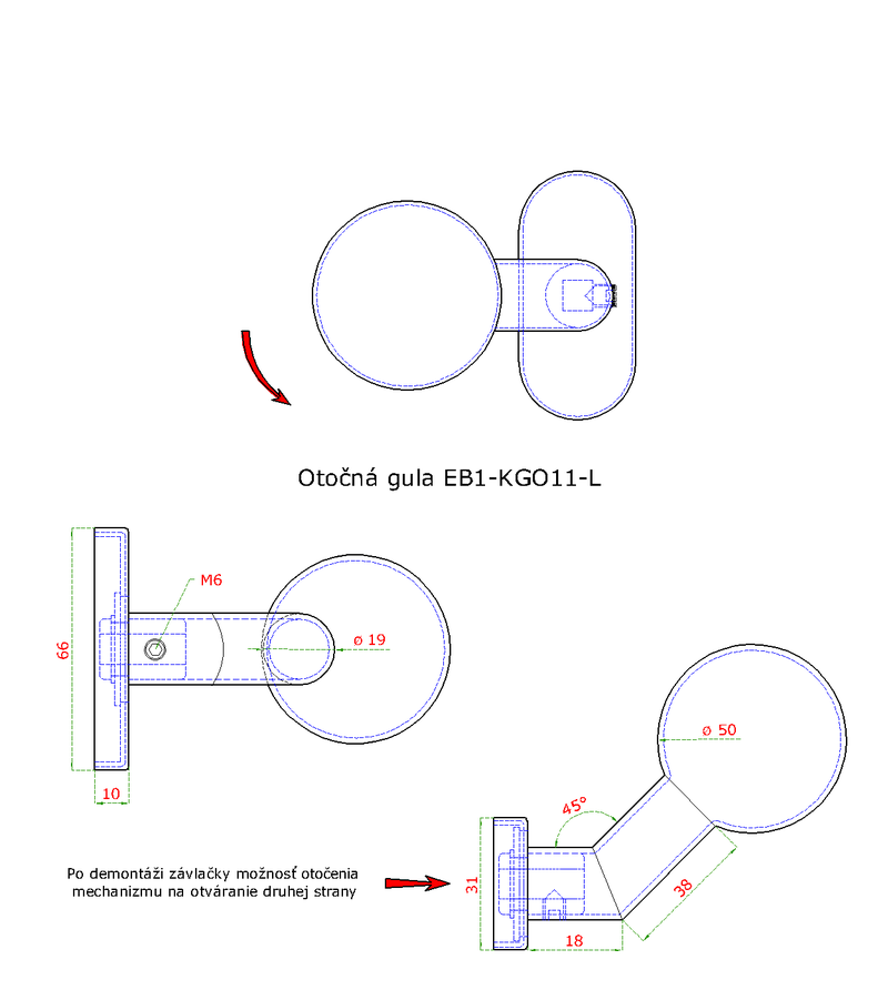 EB1-KGO11N-L guľa otočná, ľavá ku kľučke s oválnou rozetou, bal. : 1 ks, brúsená nerez K320 /AISI30