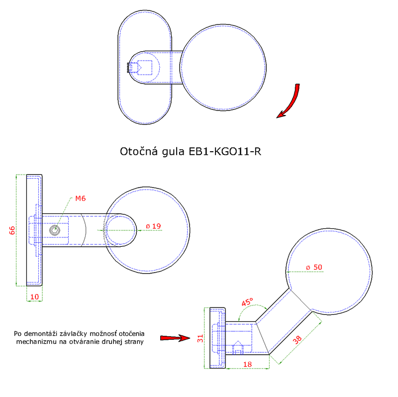 EB1-KGO11N-R guľa ku kľučke otočná, pravá s oválnou rozetou, bal. : 1 ks, brúsená nerez K320 /AISI304