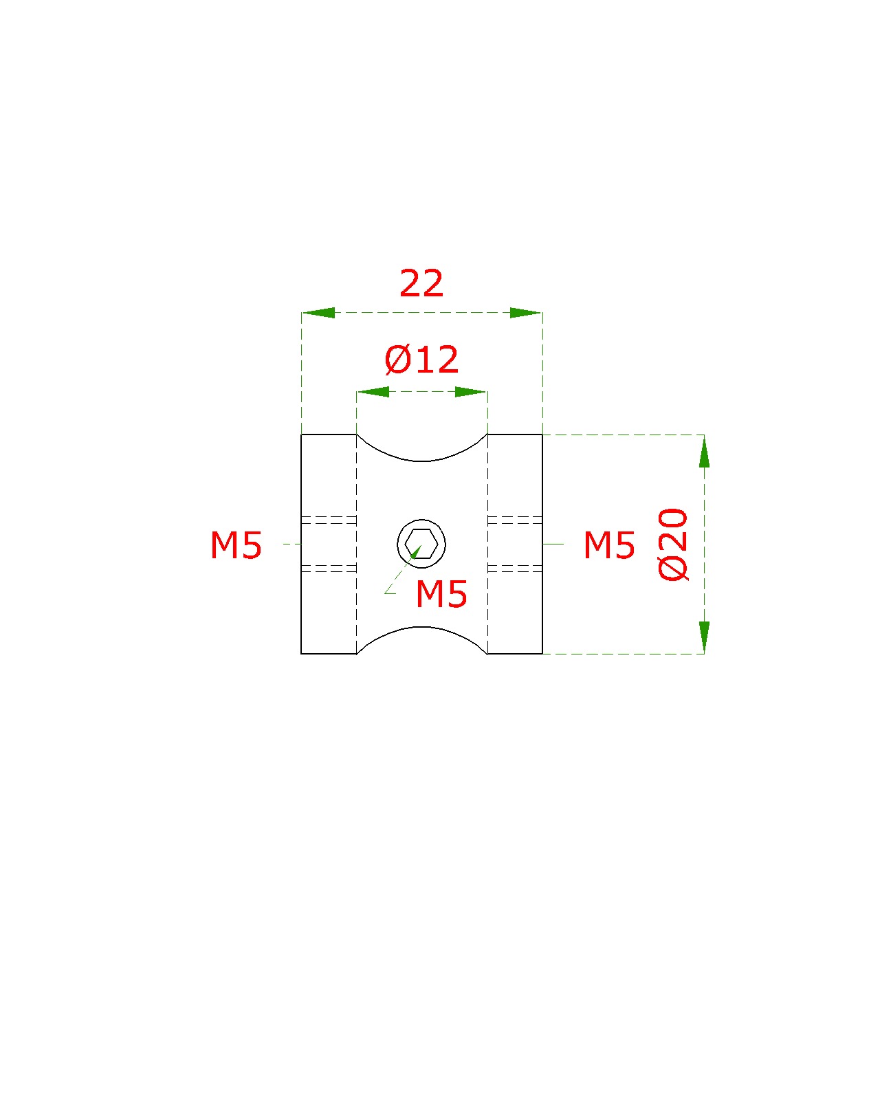 EB1-0230 - ø 12mm držiak tyče, plochý (20x22mm), obojstranný závit M5, brúsená nerez K320 /AISI304