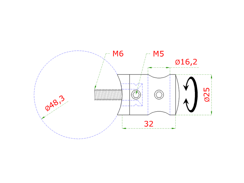 EB1-5216 - ø 16 mm držiak tyče na trubku ø 48.3mm (32x25mm), brúsená nerez K320 /AISI304