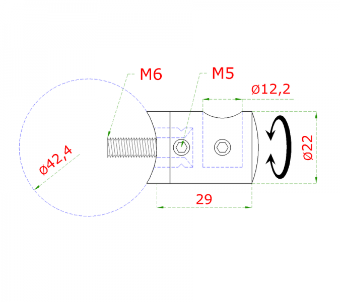 EB1-4212-L - ø 12 mm držiak tyče (koncový-ľavý) na trubku ø 42.4mm (30x22mm), brúsená nerez K320 /AISI304